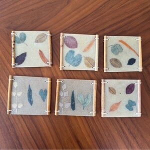 VTG Mid Century Fiberglass Pressed Leaf Coasters Set 6 Bamboo Boho Japandi Decor
